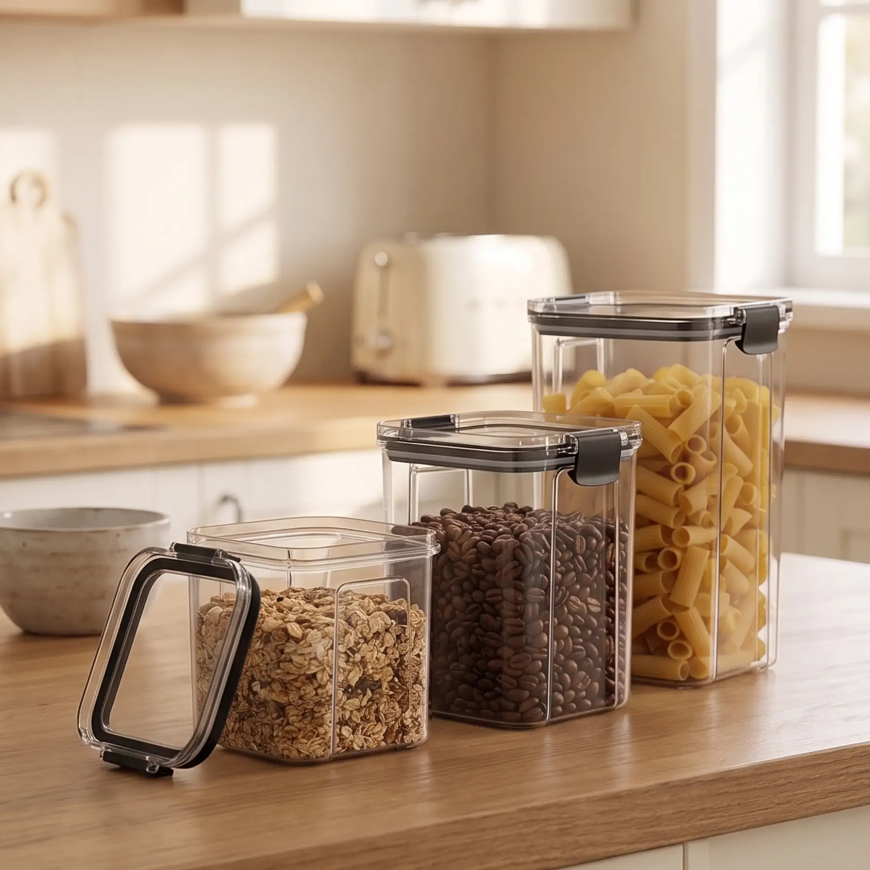 URFIA Storage Jar — Bundle toples plastik PET kedap udara di dapur rapi